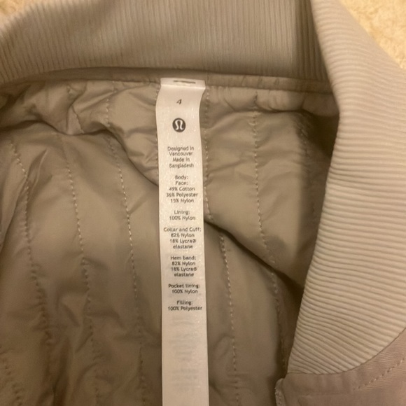 Lululemon bomber jacket size 4. Nylon lining inside. Beige color. - Picture 3 of 3